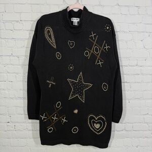 Vintage Cable Knit Dress Sweater Women Medium Black Gold Beaded Cozy Winter